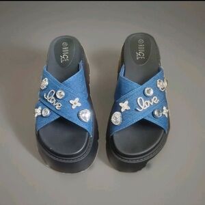 Rouge Helium Denim And Jeweled Platform Criss Cross Sandles